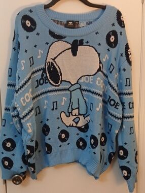 Peanuts Light Blue Ribbed Knit Sweater with Snoopy "Joe Cool" Music Themed.